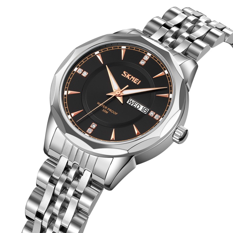 Женские часы Skmei 9264SIBK Silver-Black с металлическим браслетом и календарем