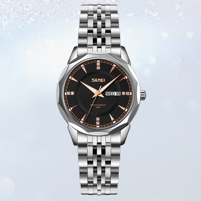 Женские часы Skmei 9264SIBK Silver-Black с металлическим браслетом и календарем