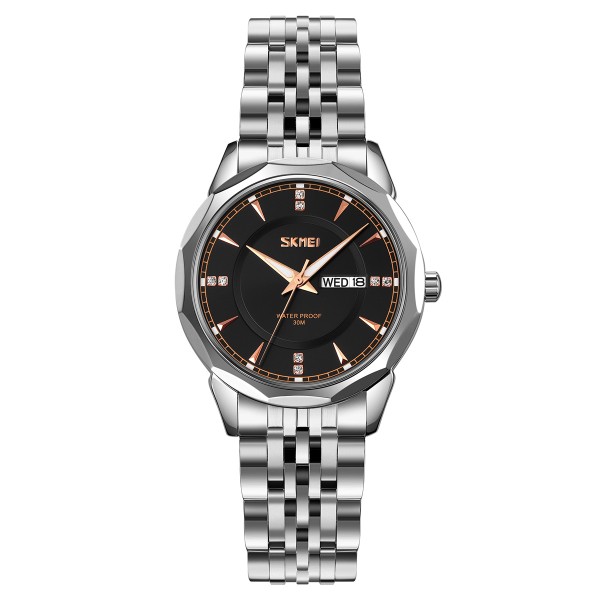 Женские часы Skmei 9264SIBK Silver-Black с металлическим браслетом и календарем