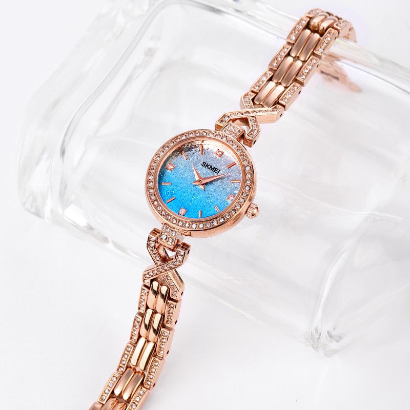 Жіночий класичний годинник Skmei 2001BU Blue з мінеральним склом та браслетом кольору рожеве золото