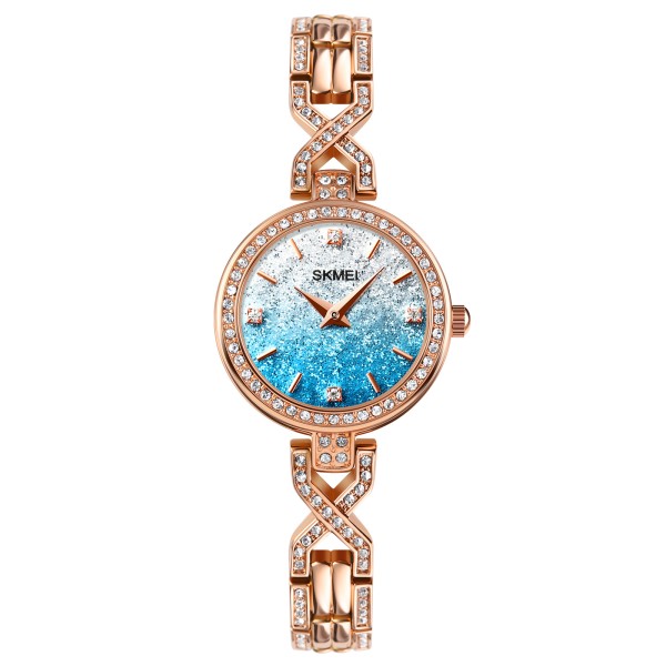 Жіночий класичний годинник Skmei 2001BU Blue з мінеральним склом та браслетом кольору рожеве золото