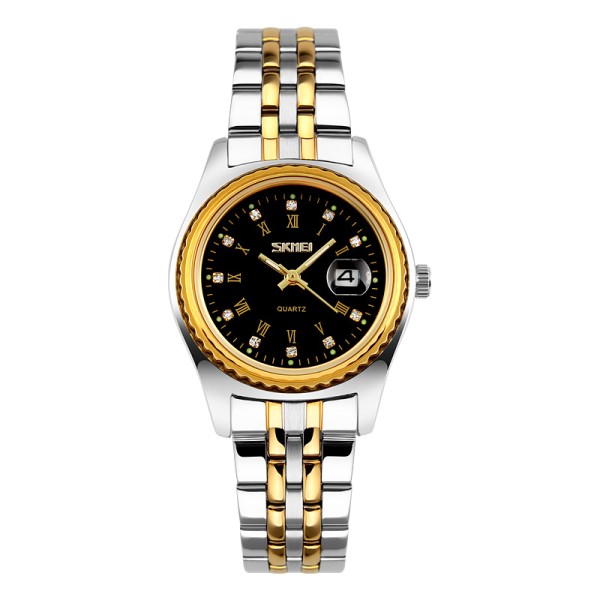 Жіночий класичний годинник Skmei 9098BK-S Black Lady зі сріблястим браслетом та чорним циферблатом