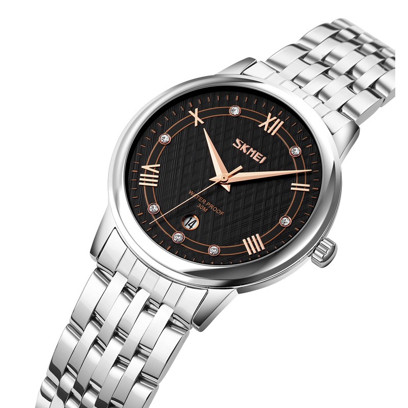 Жіночий класичний годинник Skmei 9272SIBK-S Silver-Black Lady зі сріблястим браслетом та чорним циферблатом