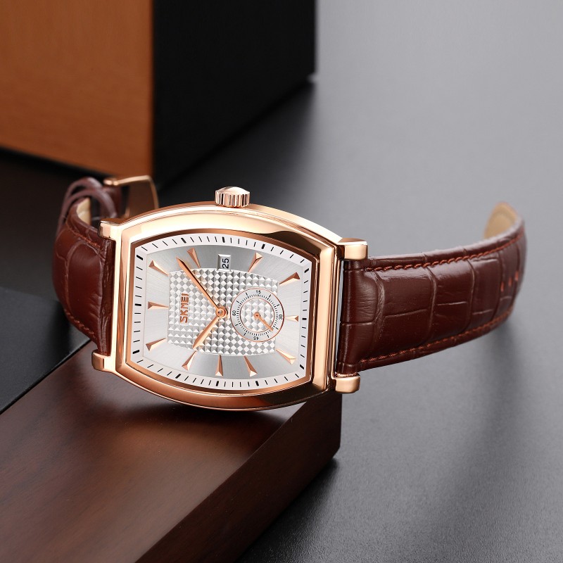 Мужские классические часы Skmei 9306RGSI Rose Gold-Silver с минеральным стеклом и кожаным ремешком
