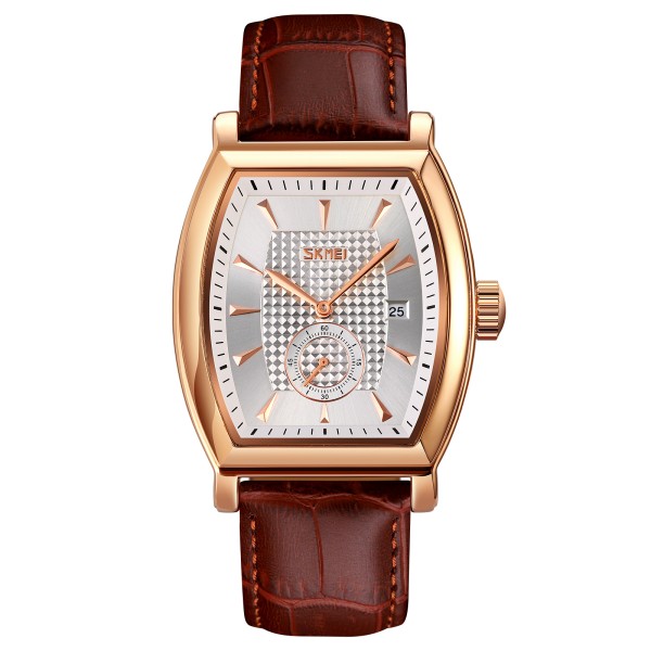 Мужские классические часы Skmei 9306RGSI Rose Gold-Silver с минеральным стеклом и кожаным ремешком