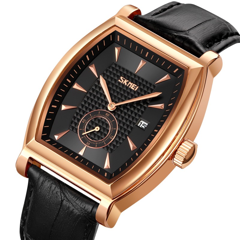 Мужские часы Skmei 9306RGBK Rose Gold-Black с минеральным стеклом и кожаным ремешком