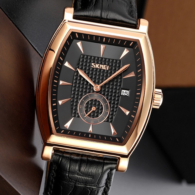 Мужские часы Skmei 9306RGBK Rose Gold-Black с минеральным стеклом и кожаным ремешком