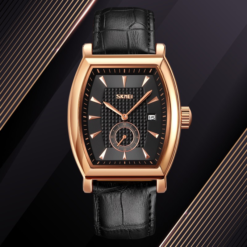 Мужские часы Skmei 9306RGBK Rose Gold-Black с минеральным стеклом и кожаным ремешком
