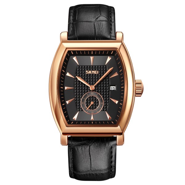 Мужские часы Skmei 9306RGBK Rose Gold-Black с минеральным стеклом и кожаным ремешком