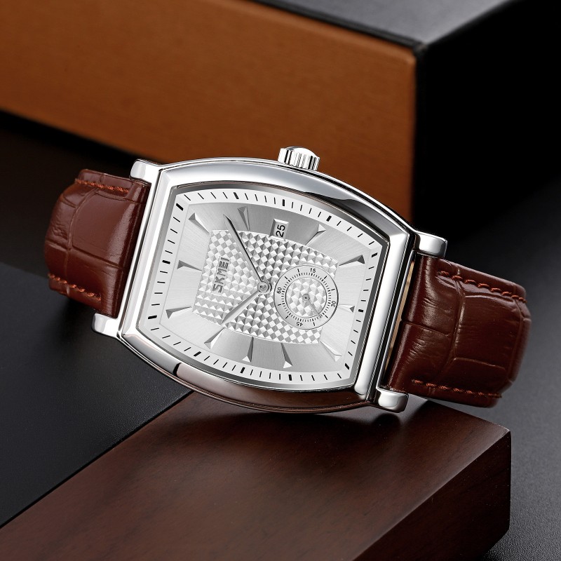 Чоловічий класичний годинник Skmei 9306SISI Silver-Silver з прямокутним корпусом та шкіряним ремінцем