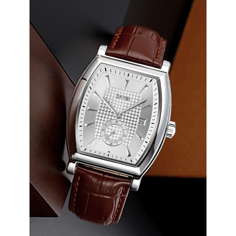 Чоловічий класичний годинник Skmei 9306SISI Silver-Silver з прямокутним корпусом та шкіряним ремінцем