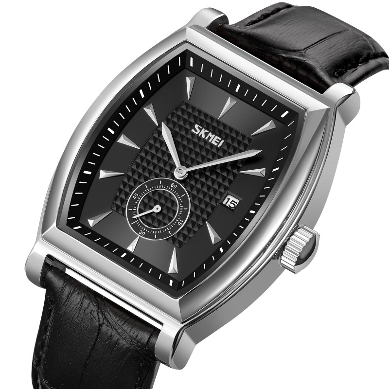 Чоловічий класичний годинник Skmei 9306SIBK Silver-Black зі сріблястим прямокутним корпусом та шкіряним ремінцем