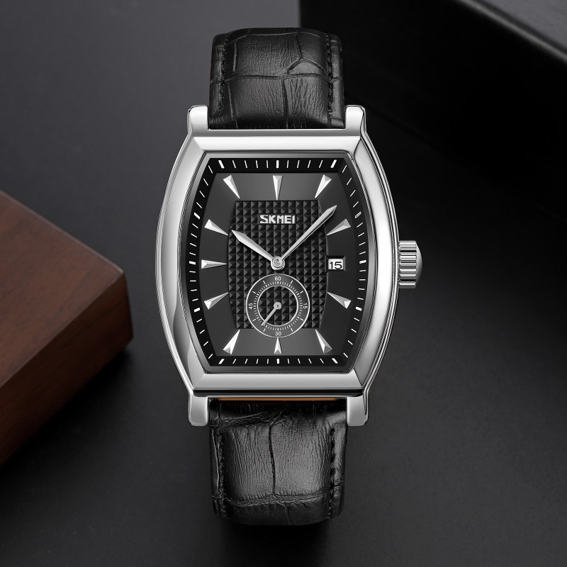 Чоловічий класичний годинник Skmei 9306SIBK Silver-Black зі сріблястим прямокутним корпусом та шкіряним ремінцем