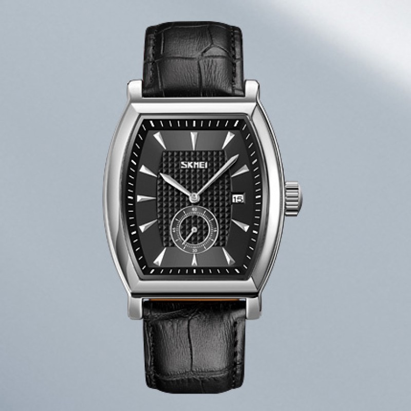 Чоловічий класичний годинник Skmei 9306SIBK Silver-Black зі сріблястим прямокутним корпусом та шкіряним ремінцем