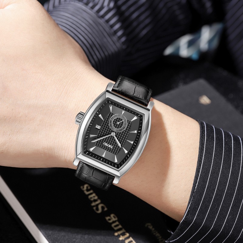 Чоловічий класичний годинник Skmei 9306SIBK Silver-Black зі сріблястим прямокутним корпусом та шкіряним ремінцем
