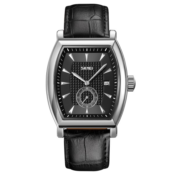 Чоловічий класичний годинник Skmei 9306SIBK Silver-Black зі сріблястим прямокутним корпусом та шкіряним ремінцем