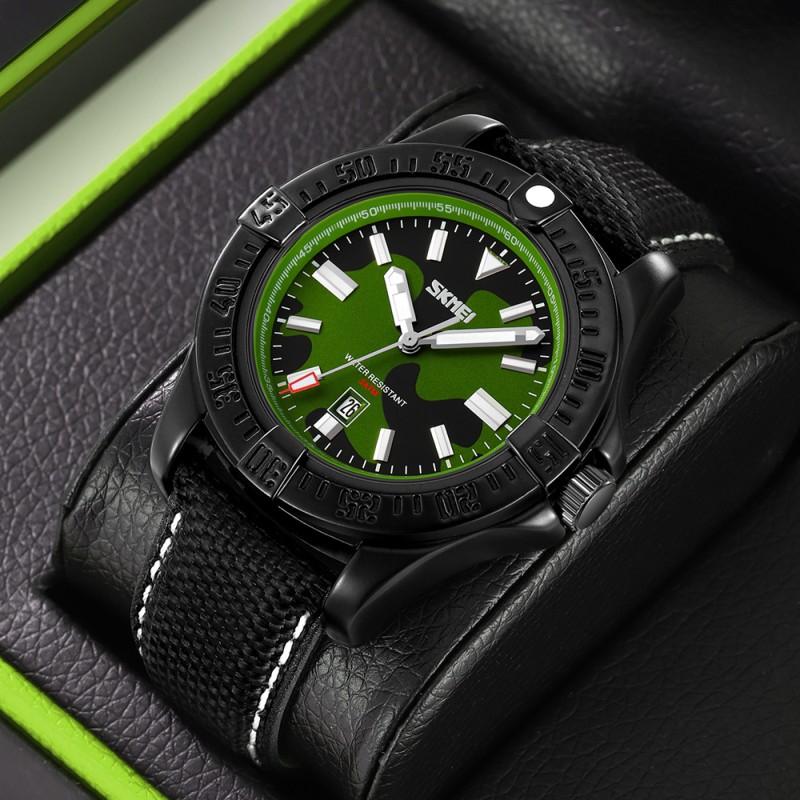 Чоловічий наручний годинник Skmei 9339CMGN Camo Green з камуфляжним циферблатом та нейлоновим ремінцем