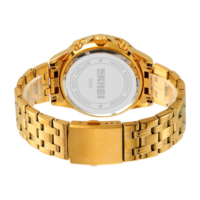 Мужские часы Skmei 9335GDGY Gold-Grey с хронографом и календарем, золотистый браслет