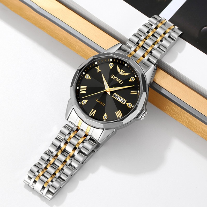 Чоловічий годинник Skmei 2291TGDBK Silver-Gold-Black з мінеральним склом та сталевим браслетом