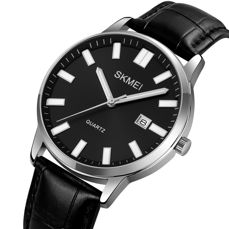 Чоловічий класичний годинник Skmei 2252SIBK Silver-Black зі шкіряним ремінцем та мінеральним склом