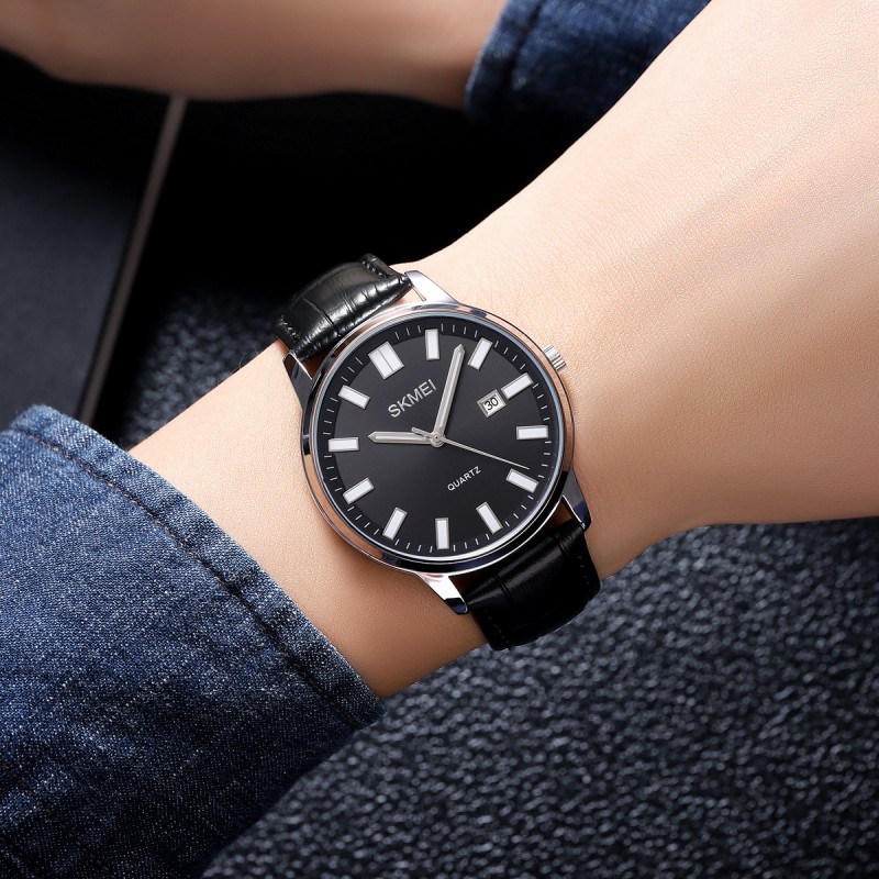 Чоловічий класичний годинник Skmei 2252SIBK Silver-Black зі шкіряним ремінцем та мінеральним склом