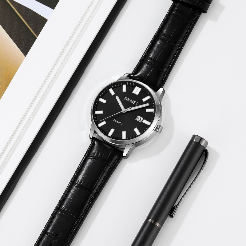 Чоловічий класичний годинник Skmei 2252SIBK Silver-Black зі шкіряним ремінцем та мінеральним склом