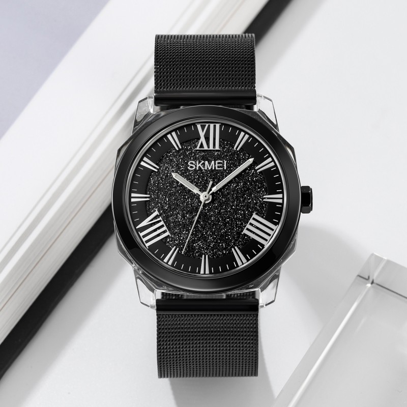 Женские классические часы Skmei 2278BK Black с минеральным стеклом и стальным браслетом
