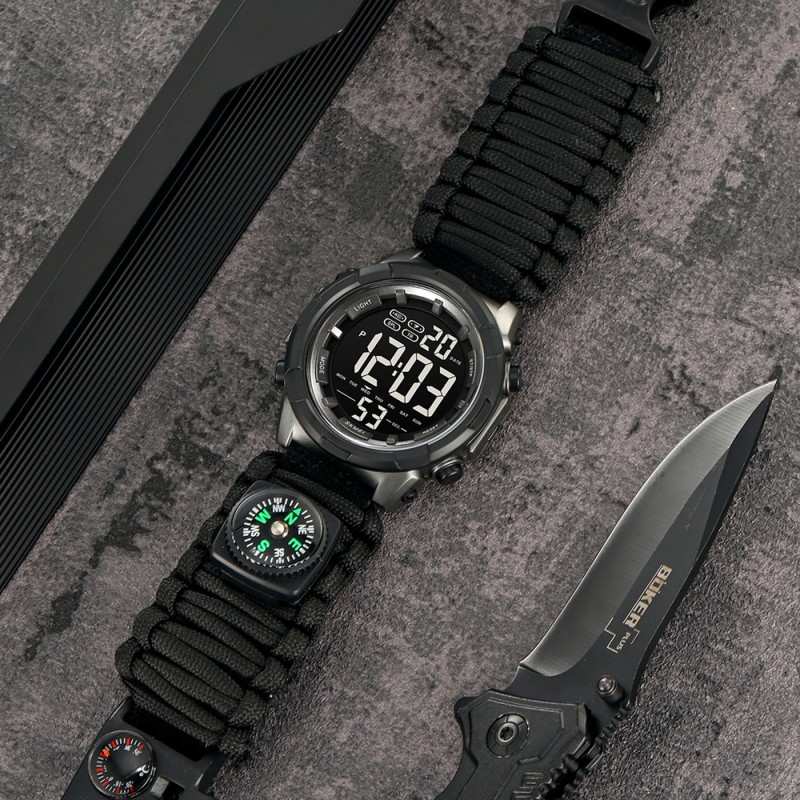 Наручний годинник Skmei 1845NBK Black — тактичний чоловічий годинник з ремінцем з паракорду