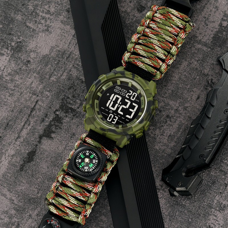 Чоловічий тактичний годинник Skmei 1845NCMAG Camo Green з паракордовим ремінцем та підсвіткою