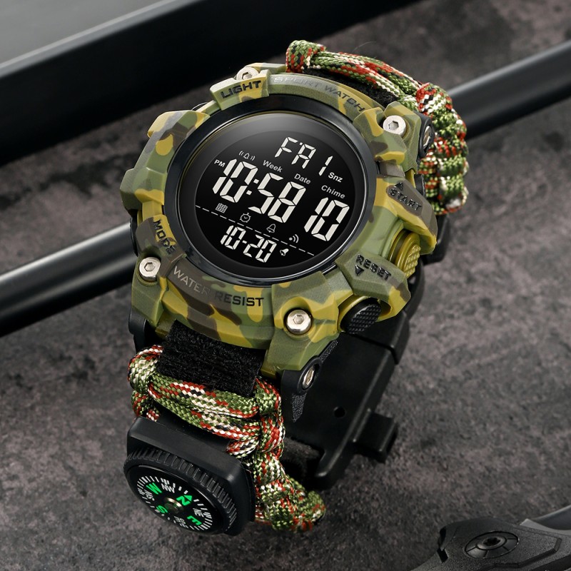 Чоловічий тактичний годинник Skmei 1384NCMAG Camo Green з компасом та паракордовим ремінцем