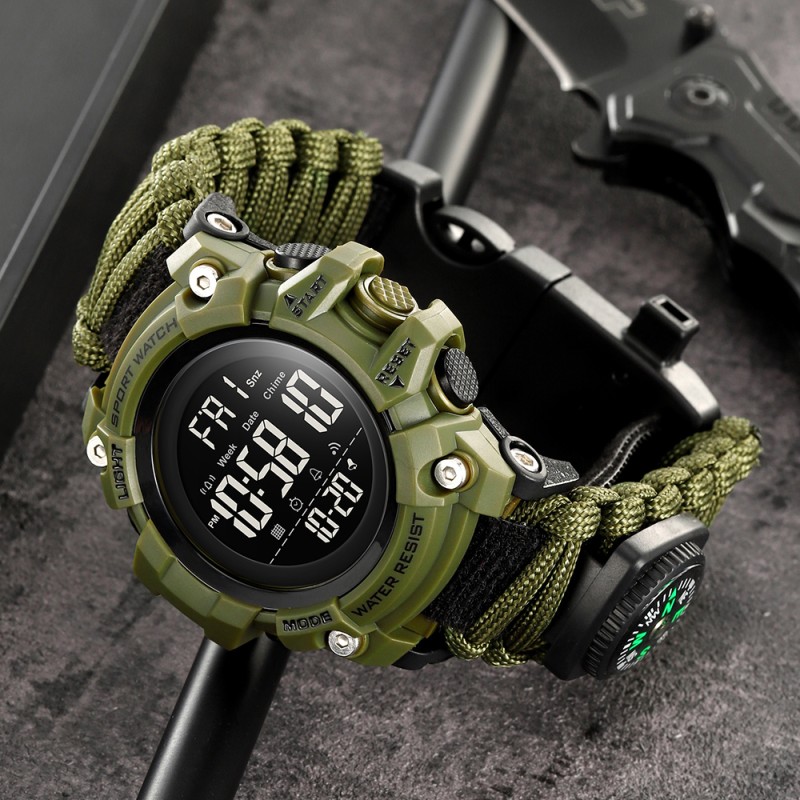 Чоловічий тактичний годинник Skmei 1384NAG Army Green з компасом та камуфляжним ремінцем з паракорду
