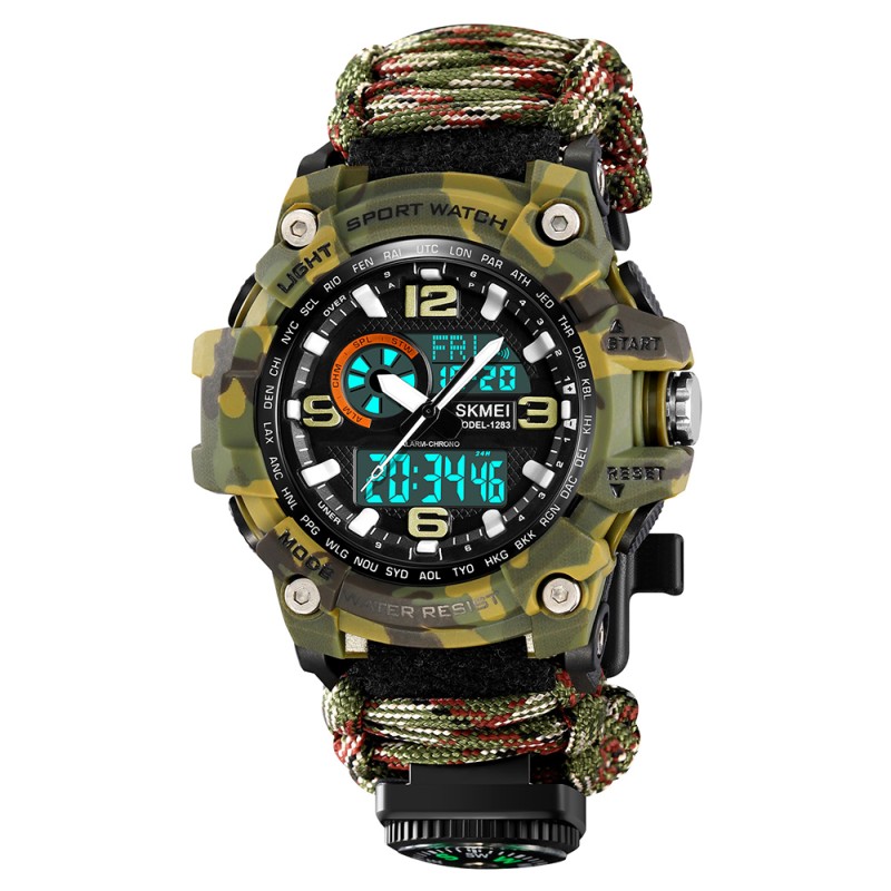Чоловічий тактичний годинник Skmei 1283NCMAG Camo Green з компасом та паракордовим ремінцем