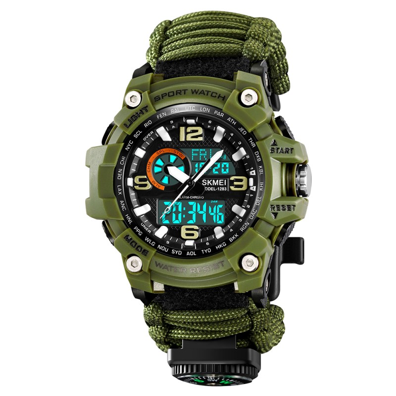 Мужские тактические часы Skmei 1283NAG Army Green с компасом и паракордовым ремешком
