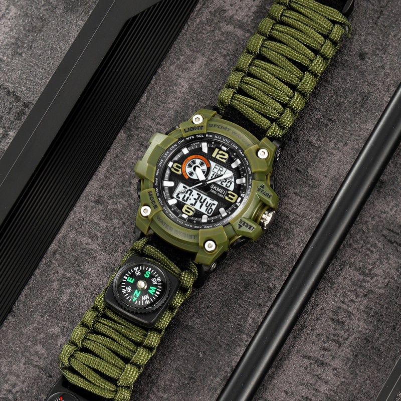 Мужские тактические часы Skmei 1283NAG Army Green с компасом и паракордовым ремешком