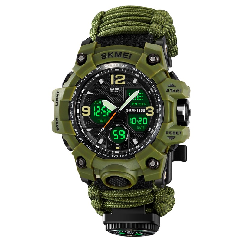 Мужские часы Skmei 1155BNAG Army Green тактические со стрелочно-электронным циферблатом и паракордом