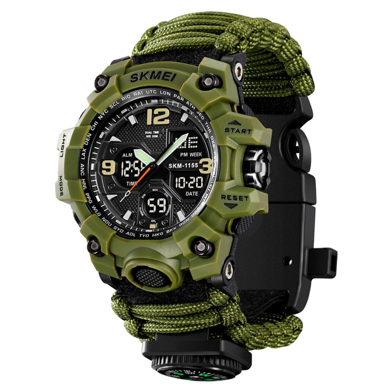 Мужские часы Skmei 1155BNAG Army Green тактические со стрелочно-электронным циферблатом и паракордом
