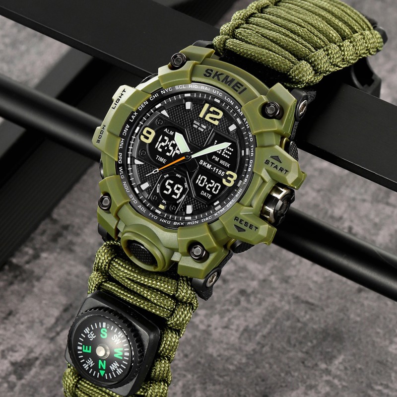 Мужские часы Skmei 1155BNAG Army Green тактические со стрелочно-электронным циферблатом и паракордом