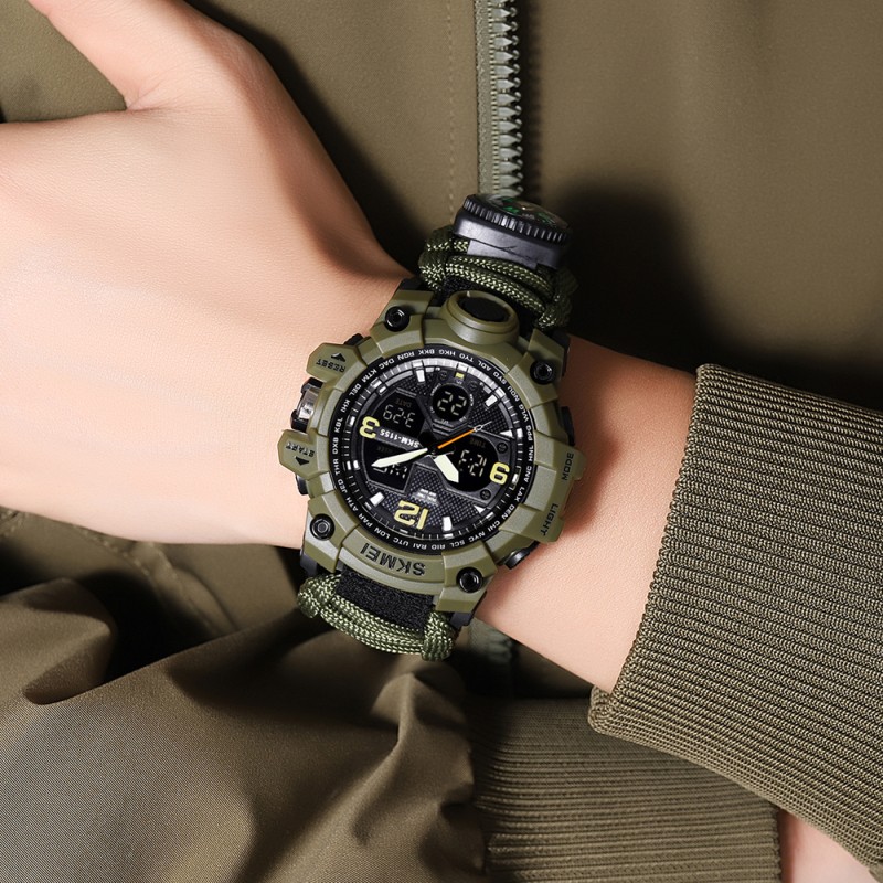 Мужские часы Skmei 1155BNAG Army Green тактические со стрелочно-электронным циферблатом и паракордом