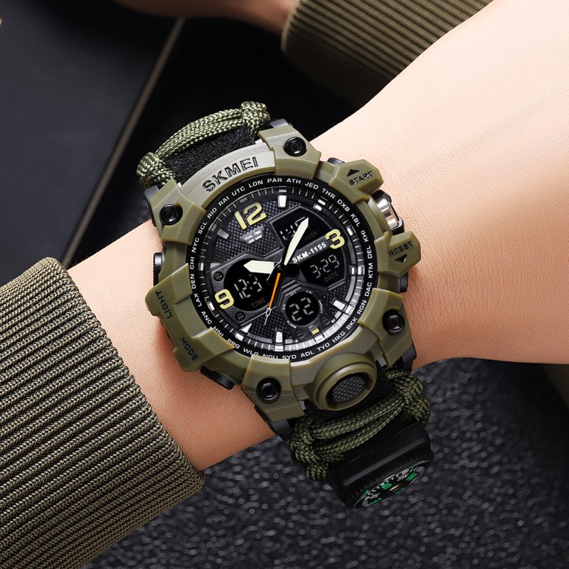 Мужские часы Skmei 1155BNAG Army Green тактические со стрелочно-электронным циферблатом и паракордом