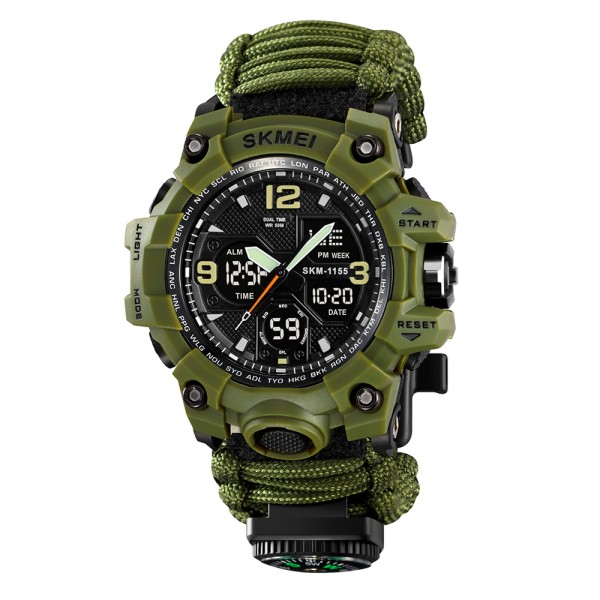 Мужские часы Skmei 1155BNAG Army Green тактические со стрелочно-электронным циферблатом и паракордом