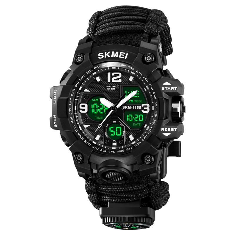 Мужские тактические часы Skmei 1155BNBK Black с паракордовым ремешком и подсветкой