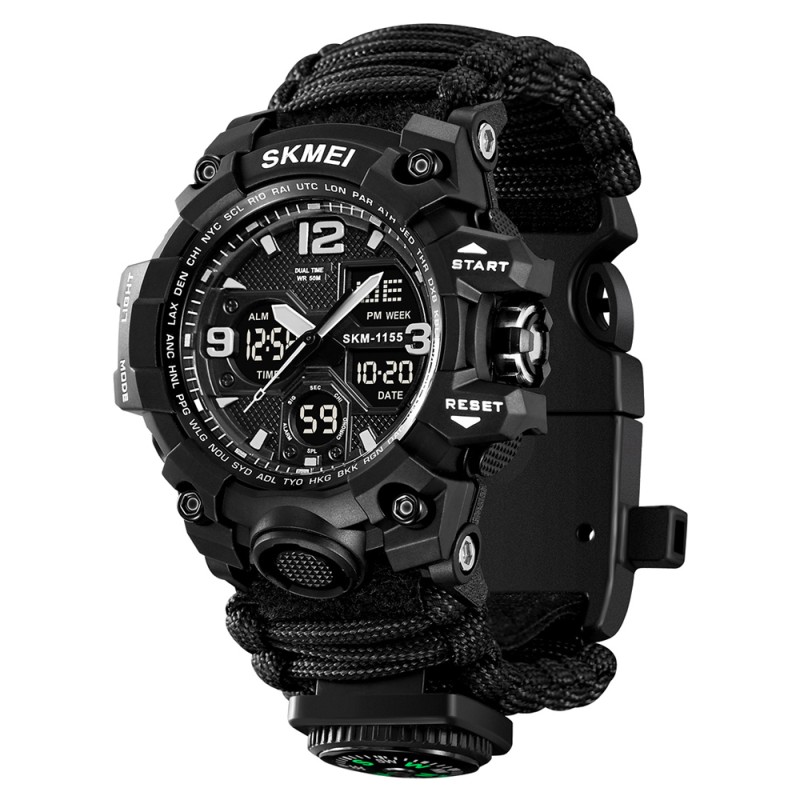 Мужские тактические часы Skmei 1155BNBK Black с паракордовым ремешком и подсветкой