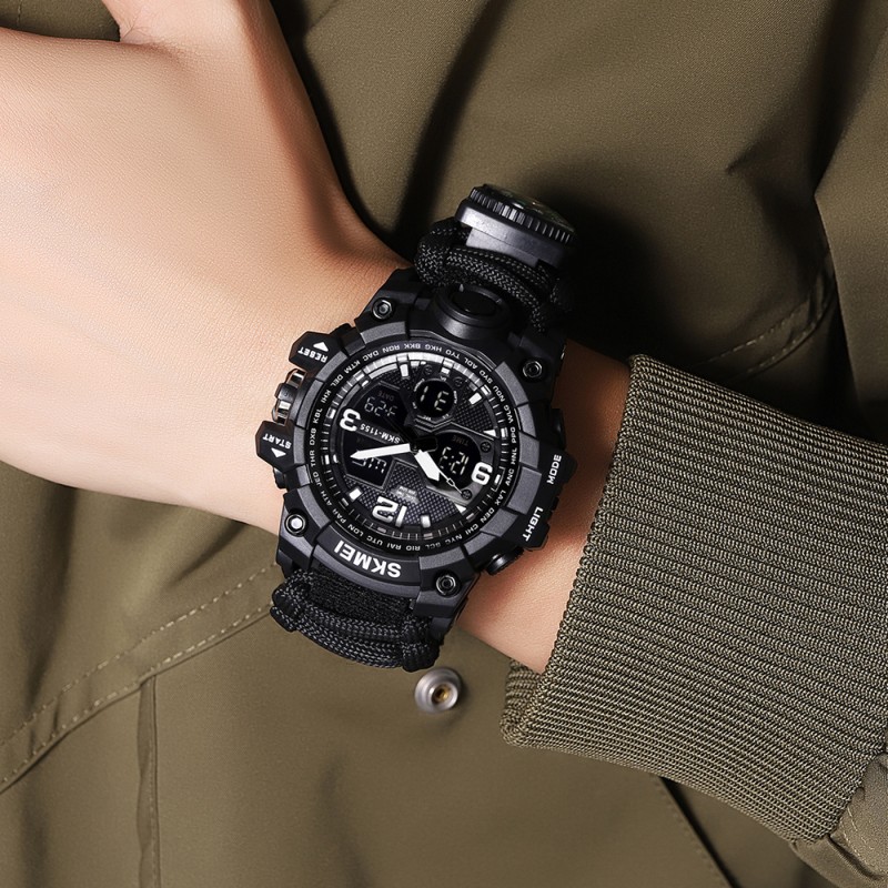 Мужские тактические часы Skmei 1155BNBK Black с паракордовым ремешком и подсветкой