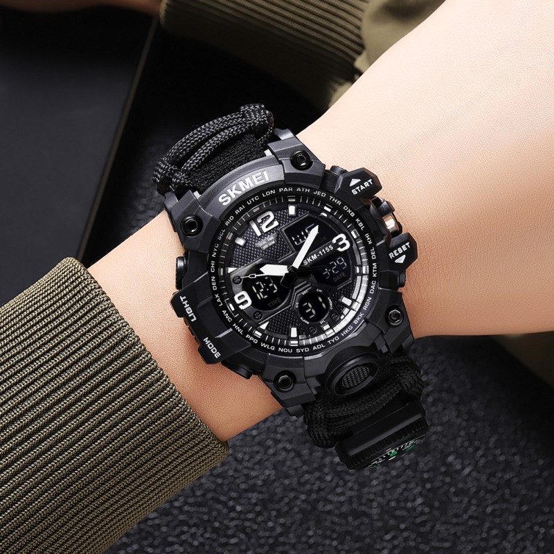 Мужские тактические часы Skmei 1155BNBK Black с паракордовым ремешком и подсветкой
