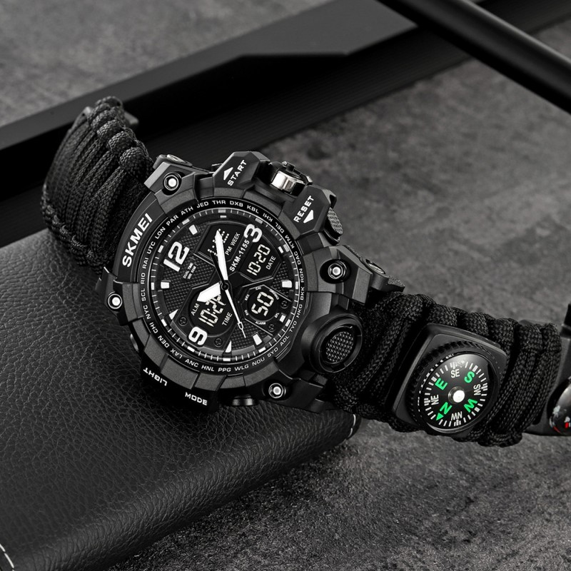 Мужские тактические часы Skmei 1155BNBK Black с паракордовым ремешком и подсветкой