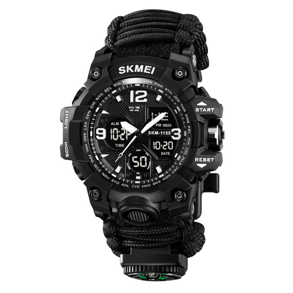 Мужские тактические часы Skmei 1155BNBK Black с паракордовым ремешком и подсветкой
