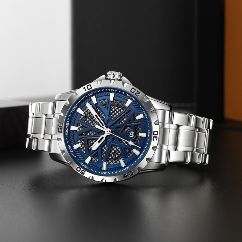 Чоловічий класичний годинник Skmei 9337SIBU Silver-Blue зі сталевим браслетом та мінеральним склом