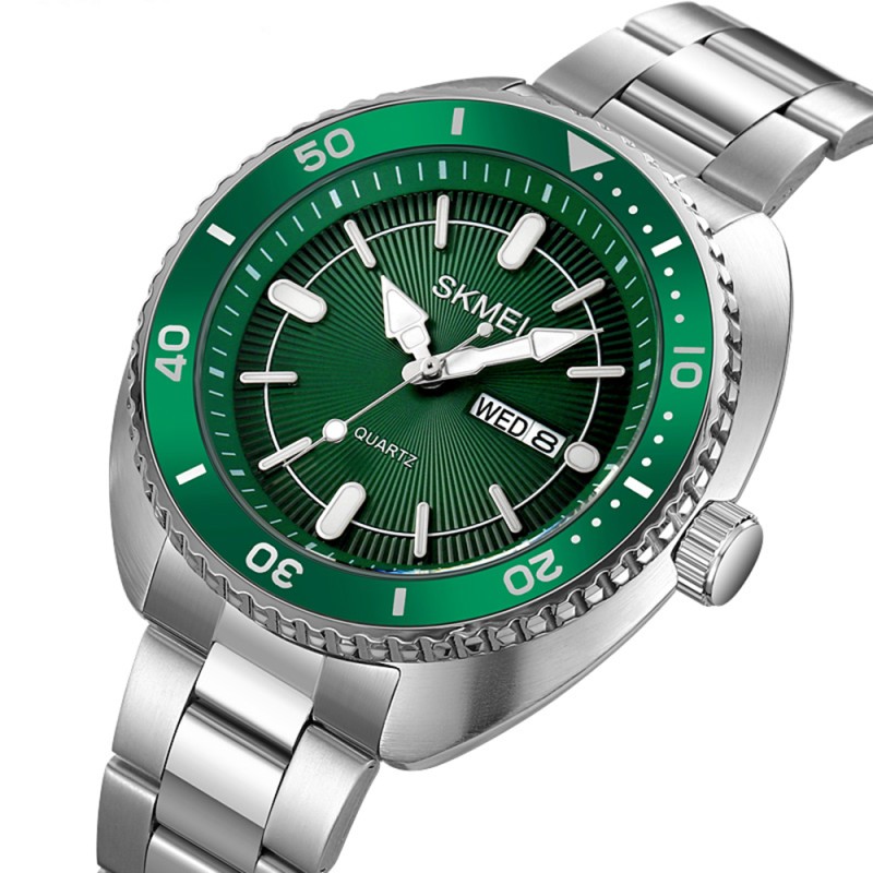 Мужские классические часы Skmei 2256GN Green с серебристым браслетом и минеральным стеклом