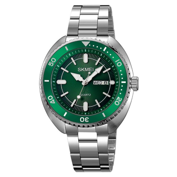 Мужские классические часы Skmei 2256GN Green с серебристым браслетом и минеральным стеклом