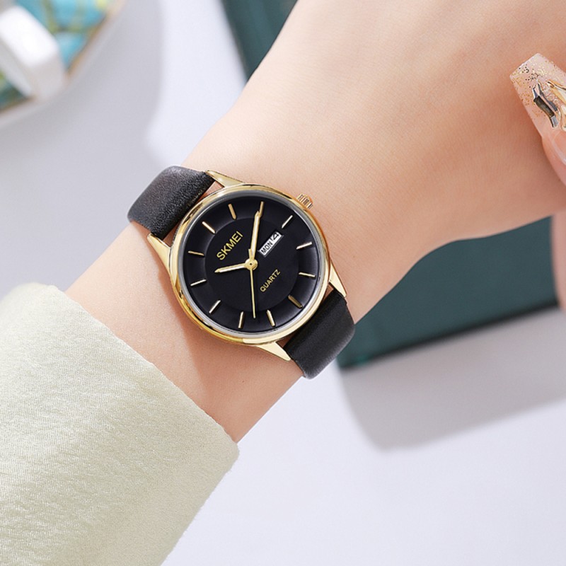 Жіночий класичний годинник Skmei 2251GDBK Gold-Black з мінеральним склом та шкіряним ремінцем